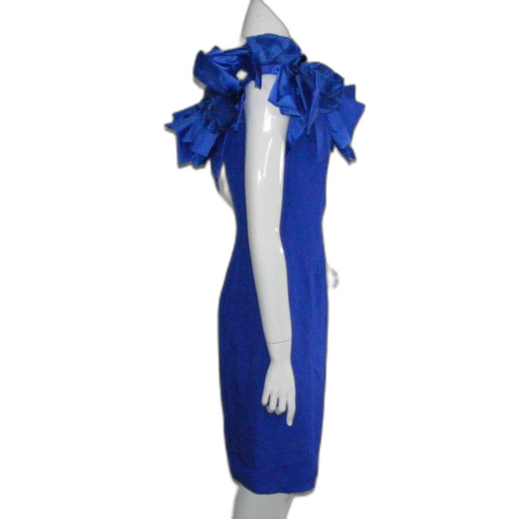 VICTOR COSTA/Lord & Taylor Dress, Vintage 12, Statement shoulders, Blue, Flowers - Picture 8 of 14